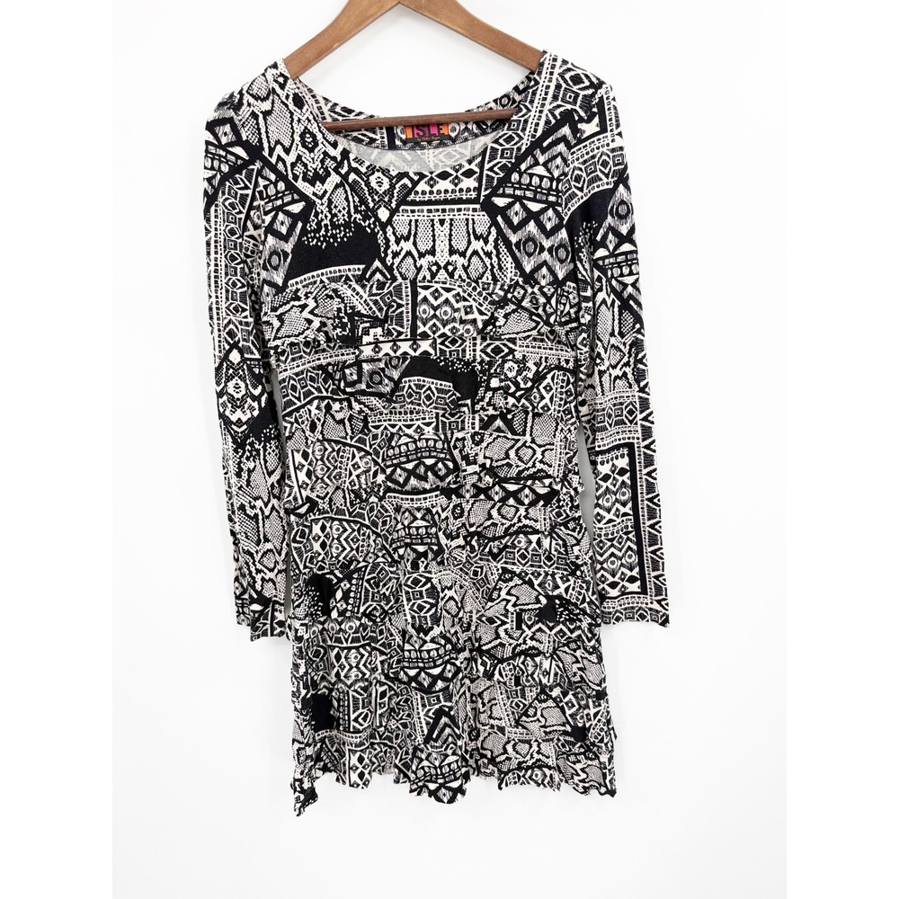 Isle by Melis Kozan Tribal Geometric Print Long Sleeve Dress Black White Small